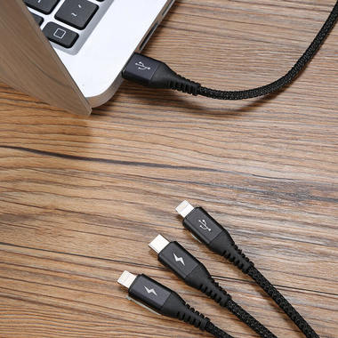 Нейлоновый USB кабель 3 в 1 Micro USB Lightning Lightning - Черный, фото №2