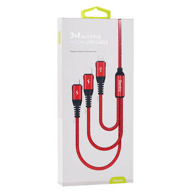 Нейлоновый USB кабель 3 в 1 Micro USB Type C Lightning - Красный, фото №3