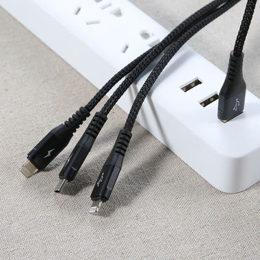 Нейлоновый USB кабель 3 в 1 Type C Lightning Lightning - Черный, фото №2