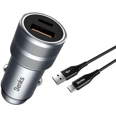 Benks зарядное устройство в прикуриватель на USB A - Type C - серый, фото №3