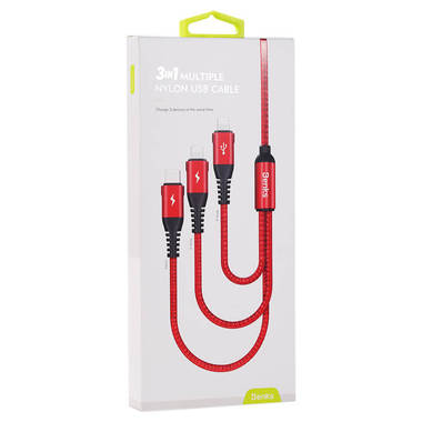 Нейлоновый USB кабель 3 в 1 Type C Lightning Lightning - Красный, фото №1