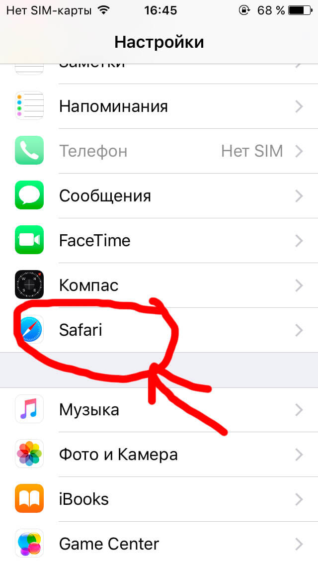 открываем пункт Safari в настройках iphone